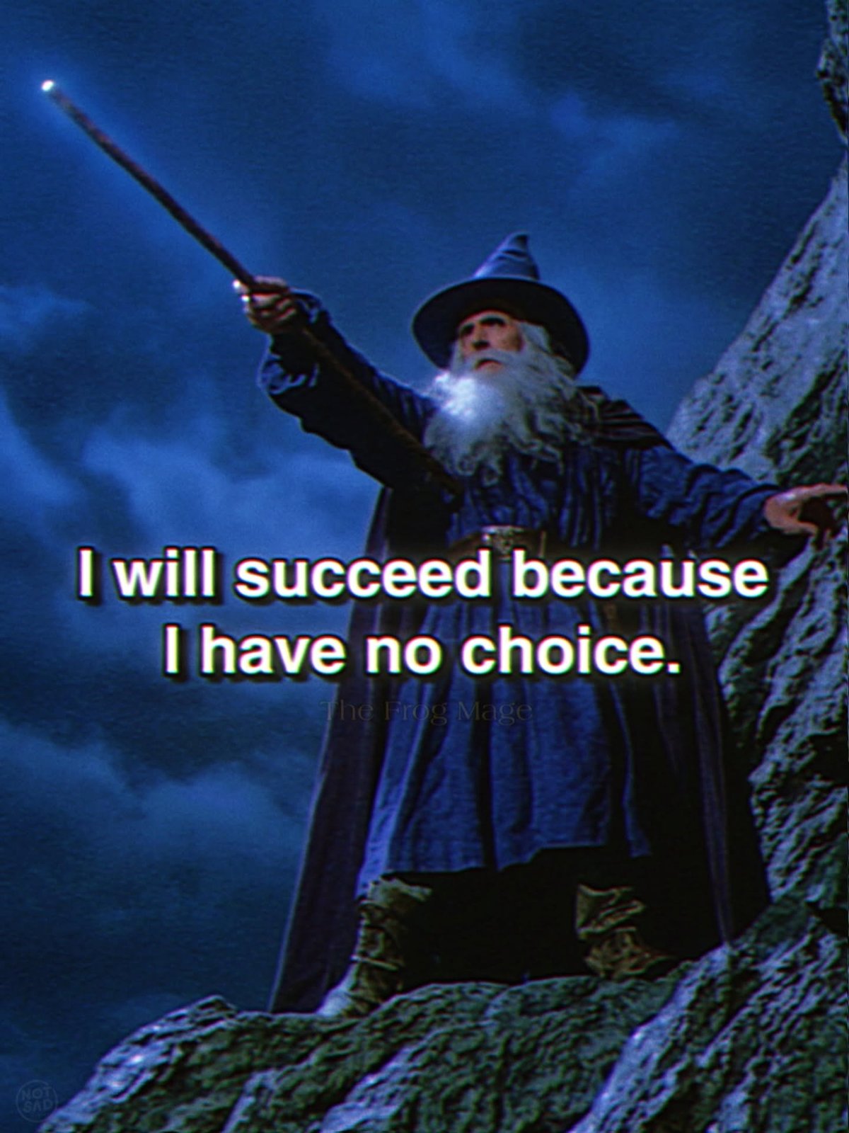 A blue-robed wizard raising a glowing staff to the night sky